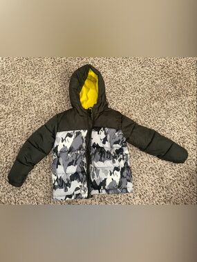 Old Navy Olive & Yellow Hooded Puffer with Gray Camo